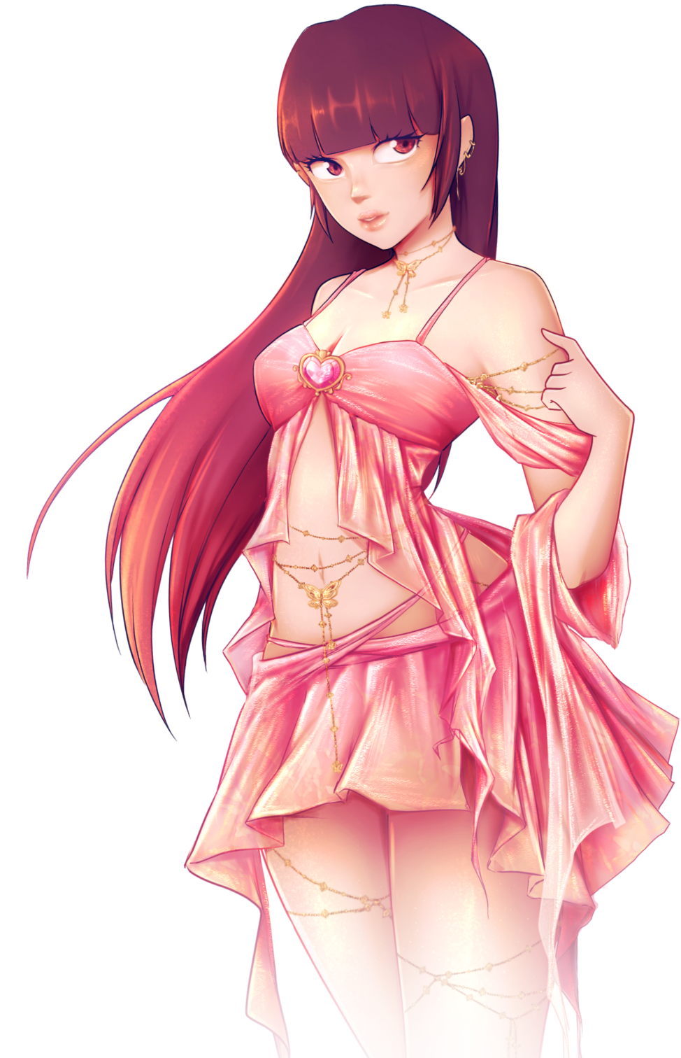 Illustrated brunette girl in pink dress.