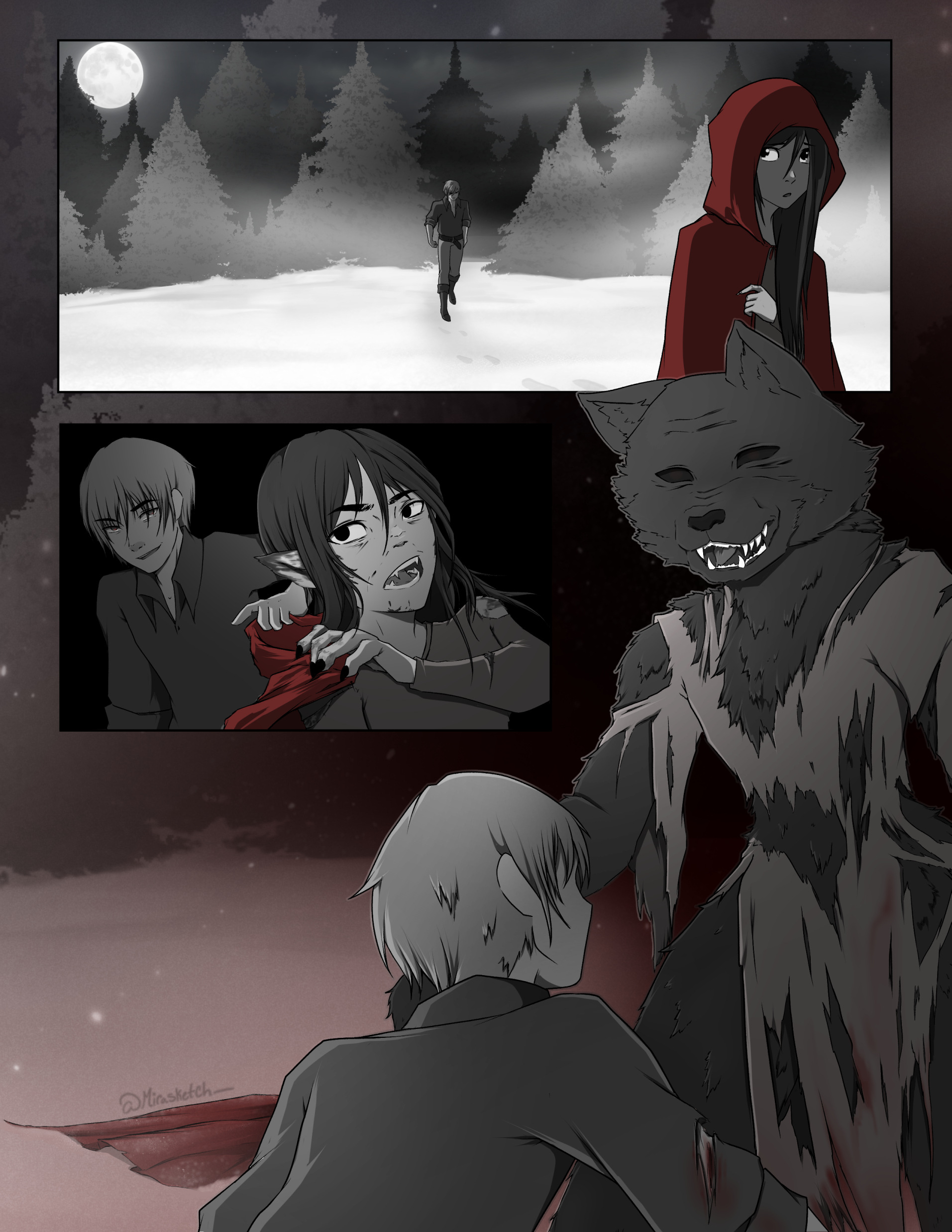 Comic of little red riding hood turning into a werewolf.