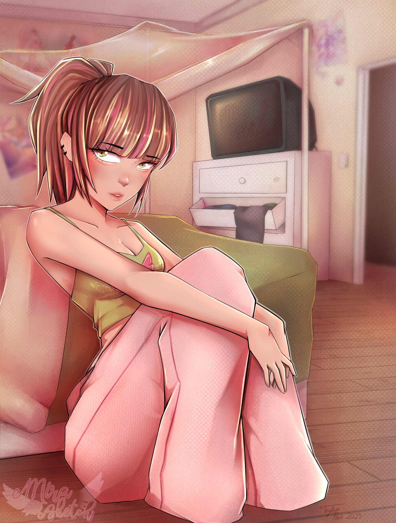 Illustration of a girl in a ponytail sitting against the side of her bed.