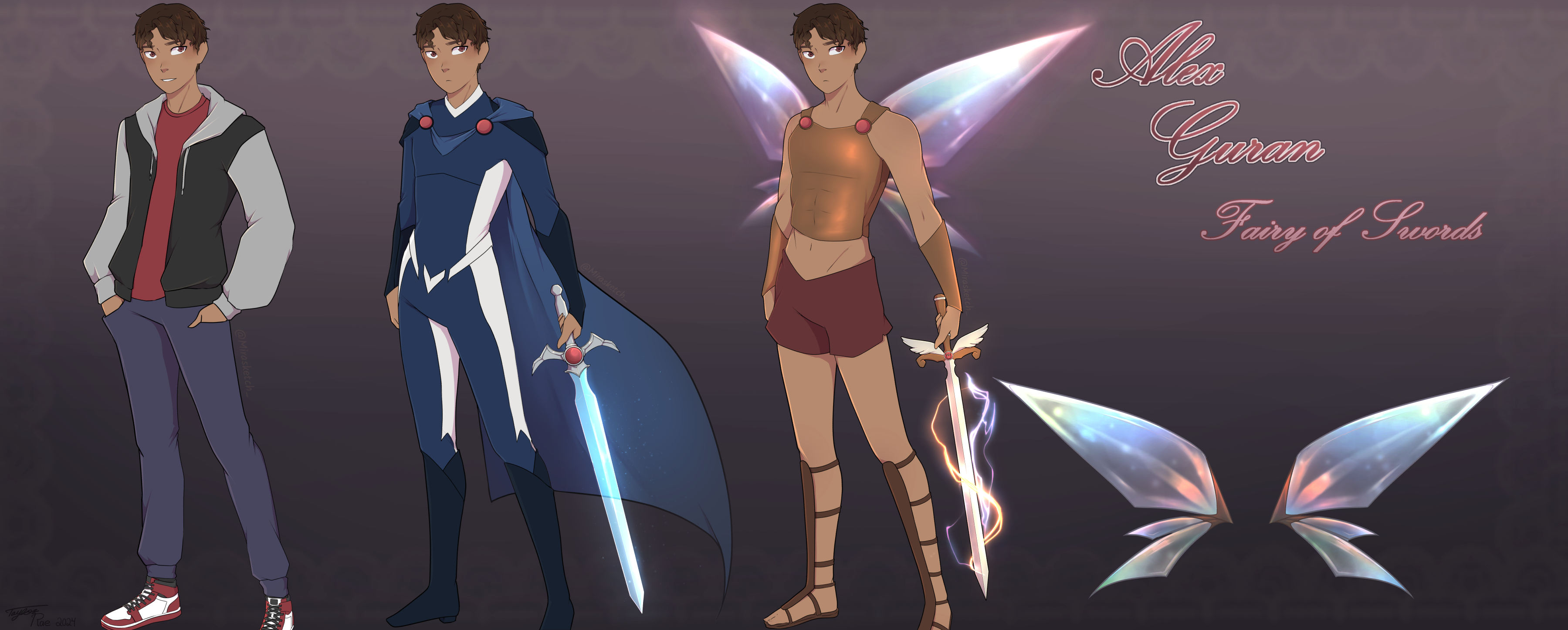 Character design of a young man in three different forms: Civilian, Warrior, and fairy.