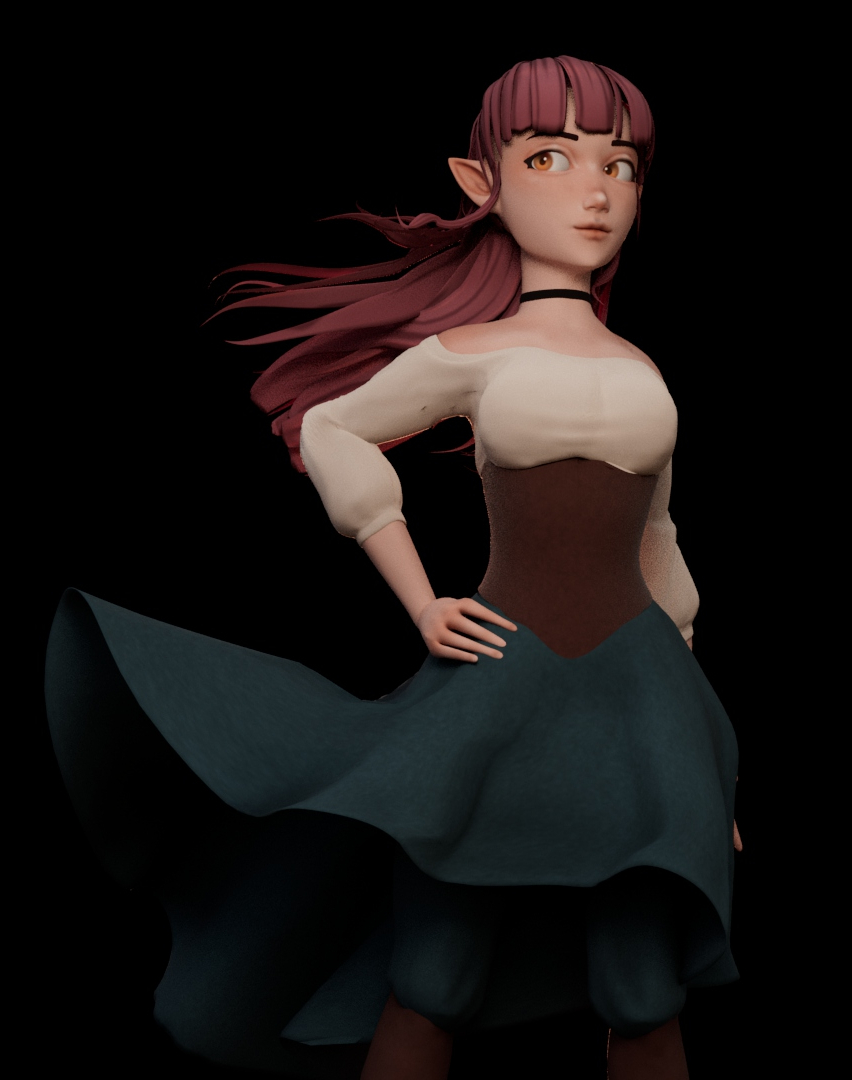 Female mage character model 3D rendered as a thigh-up portrait. Her skirt and hair blow in the wind as she looks confidently to the left with a hand on her hip.