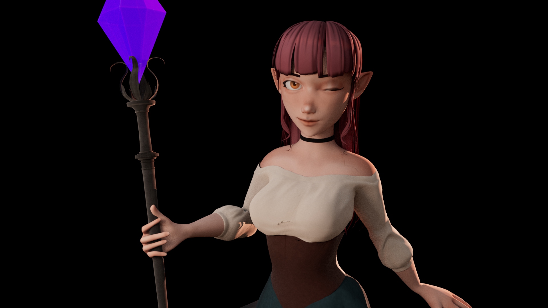 Female mage character model 3D rendered close up. Holding staff and winking at camera