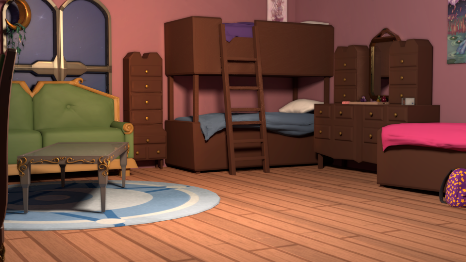 3D render of a 3 girl dorm room