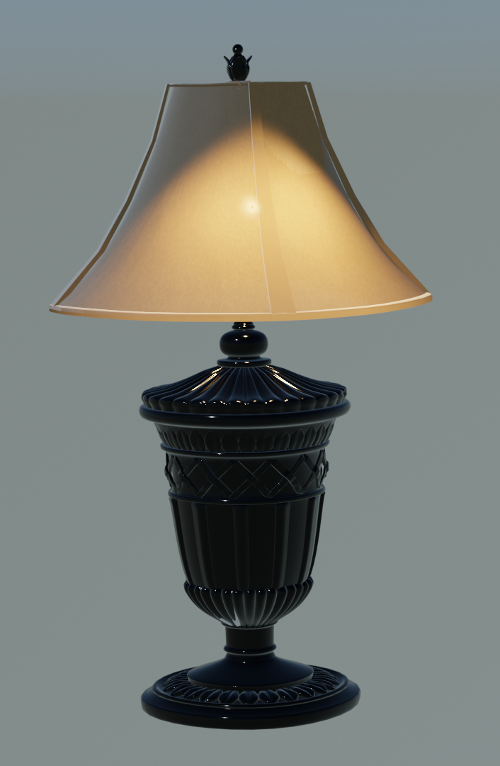 3D model render of a lamp. Black base tan shade.