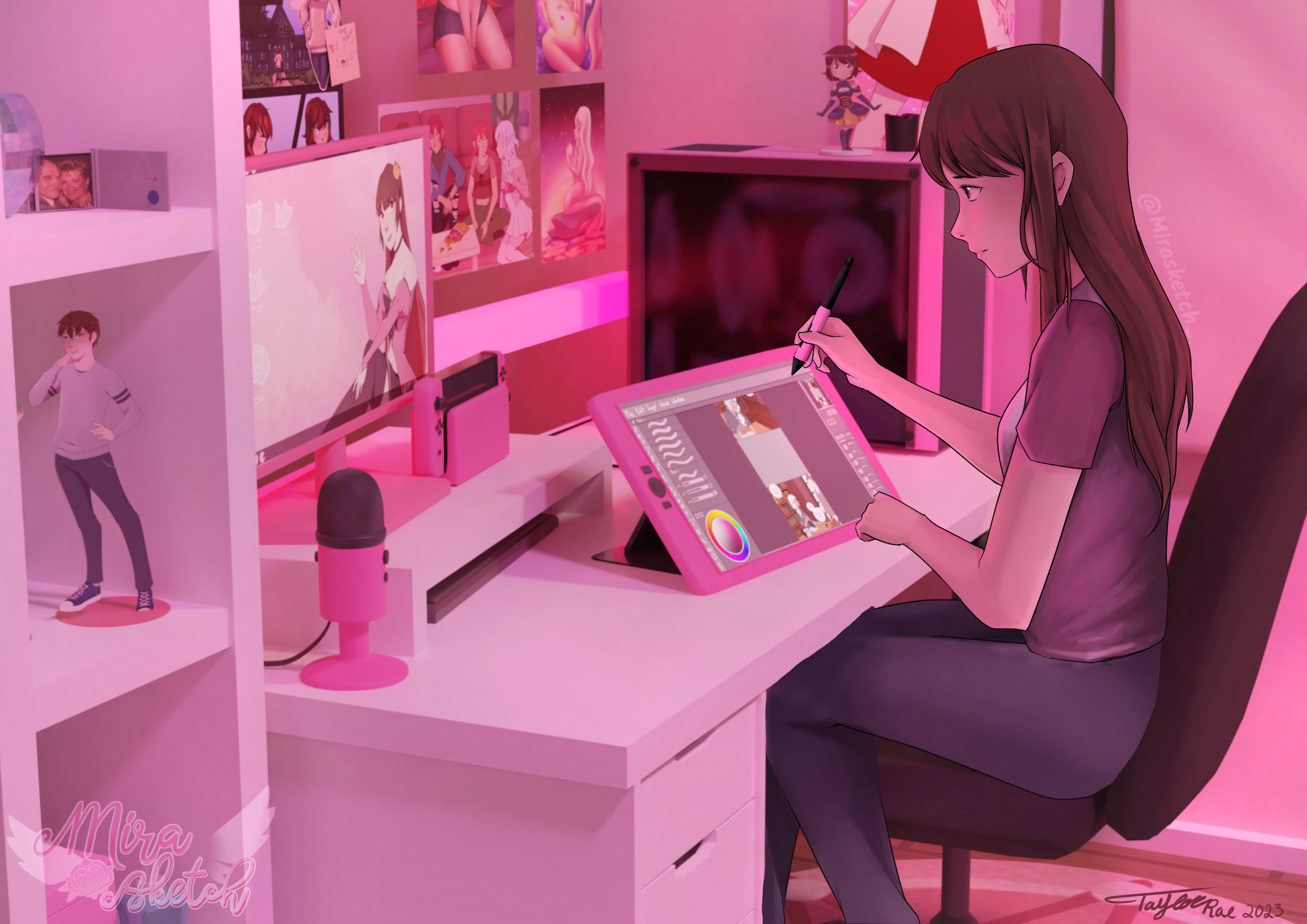 Illustration of the artist drawing at her tablet