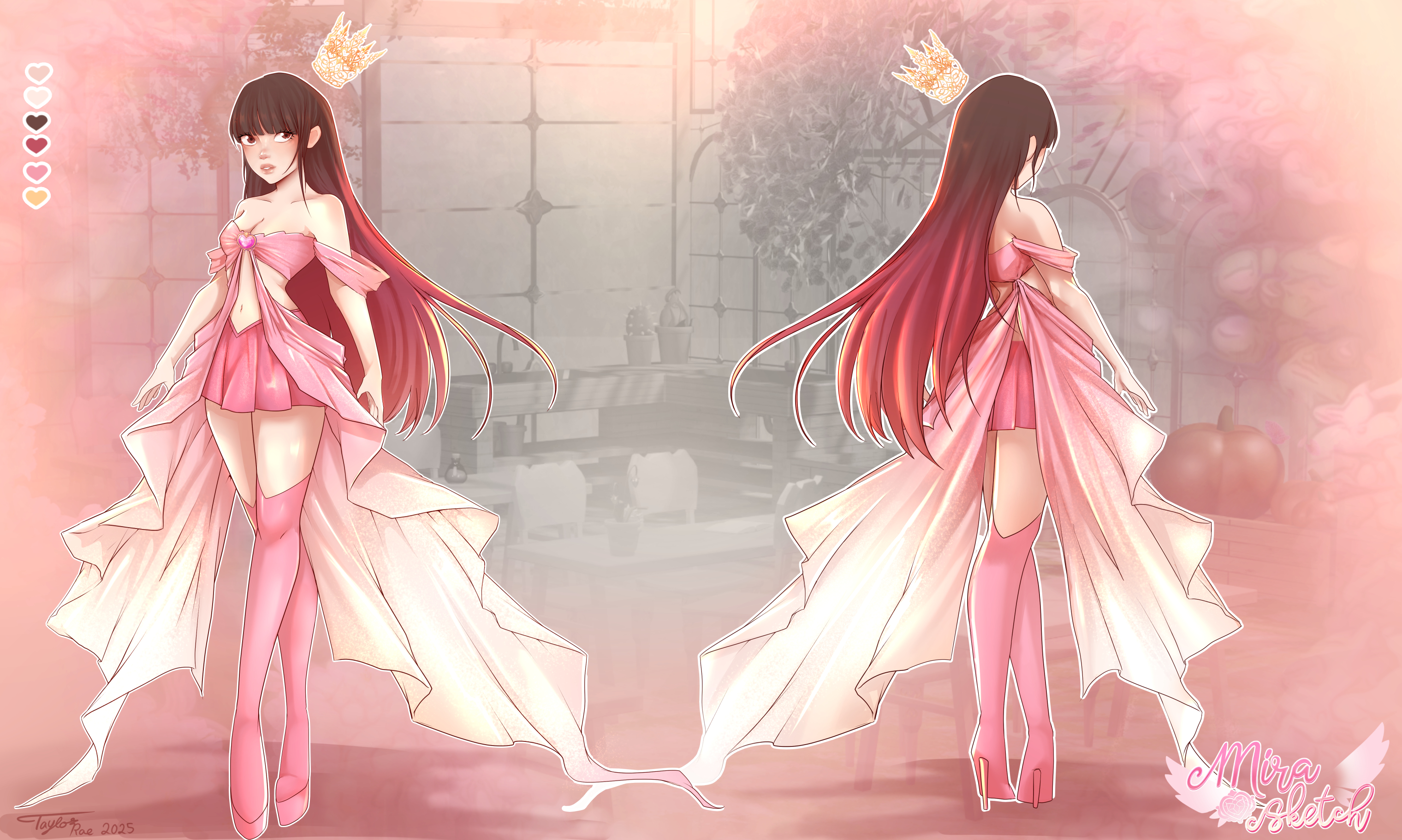Illustrated Charcter design of a brunette princess character in a pink dress.
